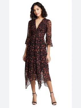 Rachel Zoe Caden Silk Midi Dress with Red and Black Floral Print